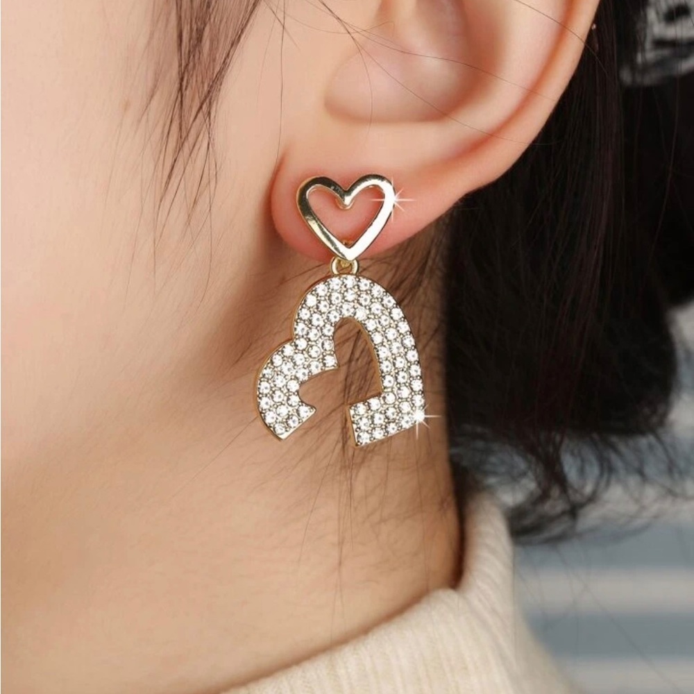 Rhinestone Open Heart Gold Drop Earrings